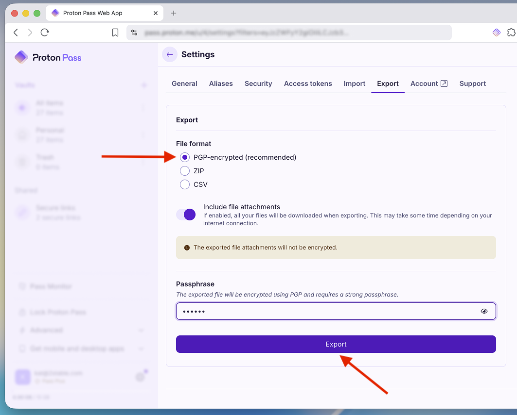 Export ProtonPass settings