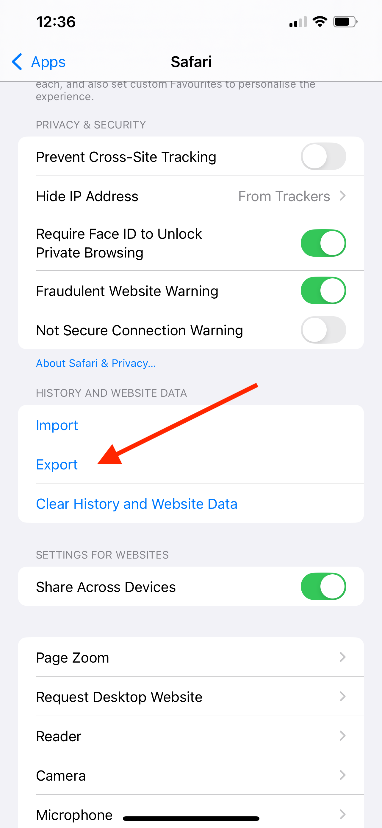 Export Safari settings