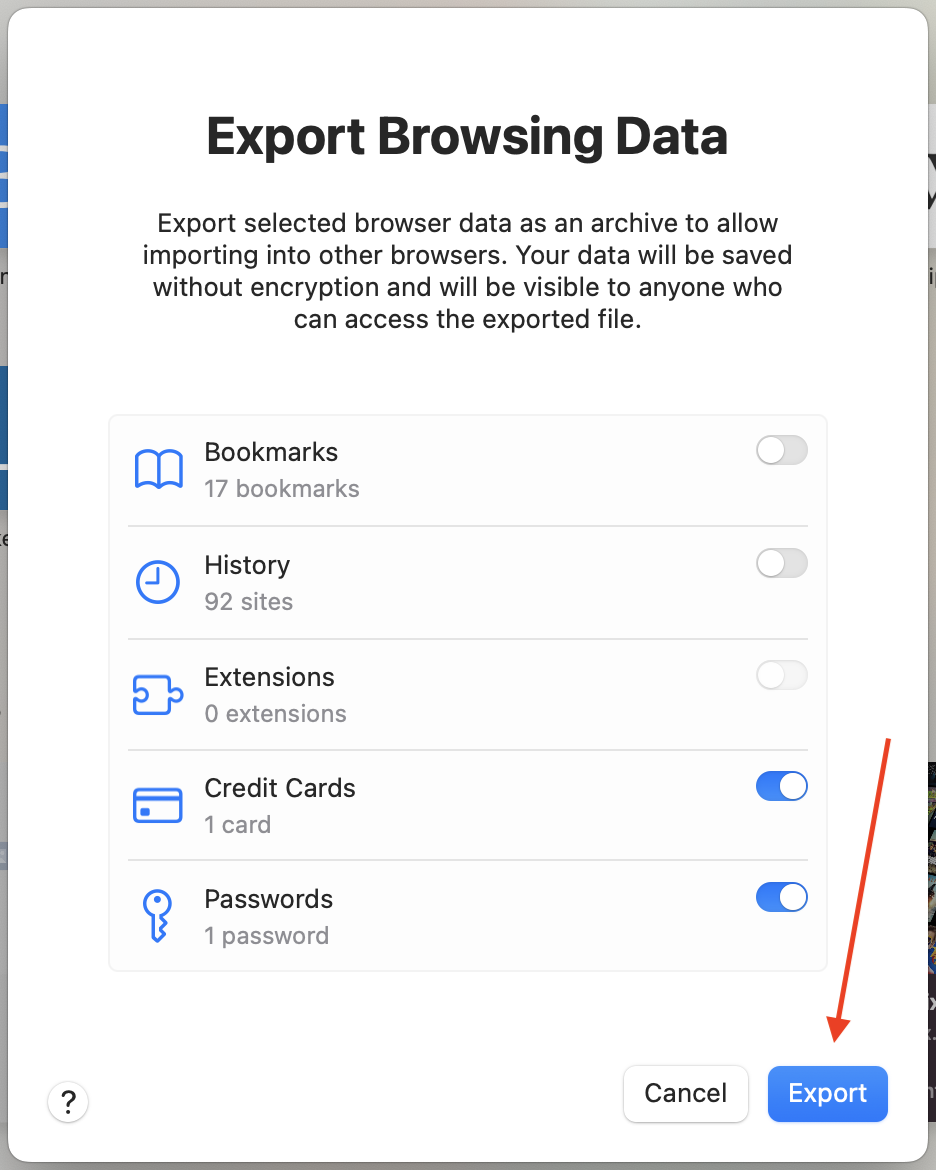 Export Safari settings