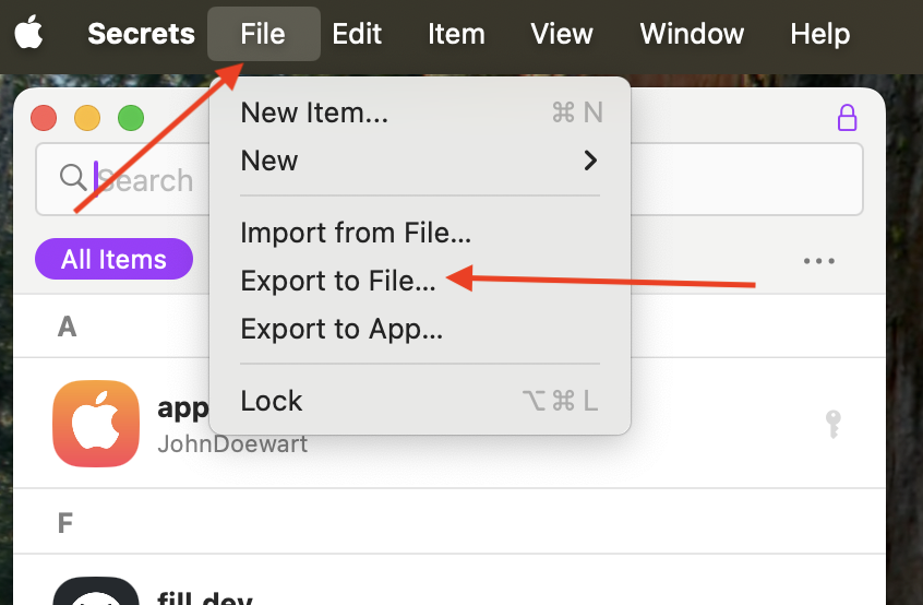 Export secrets settings